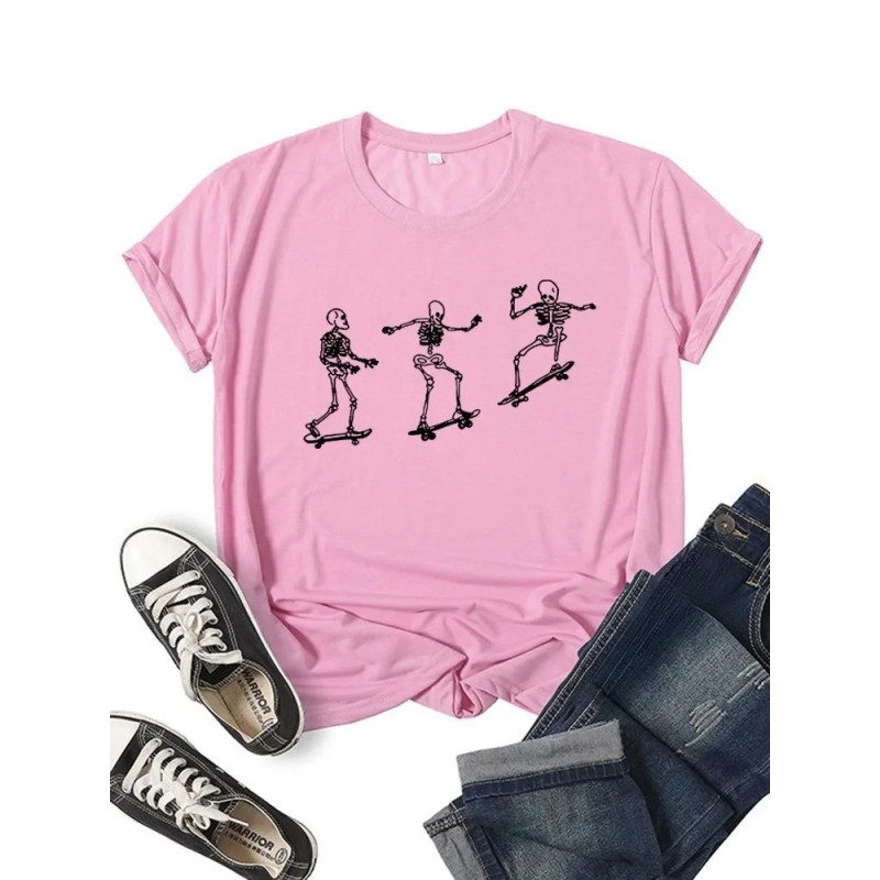 T-shirt Squelette Skull Skateboard couleur rose