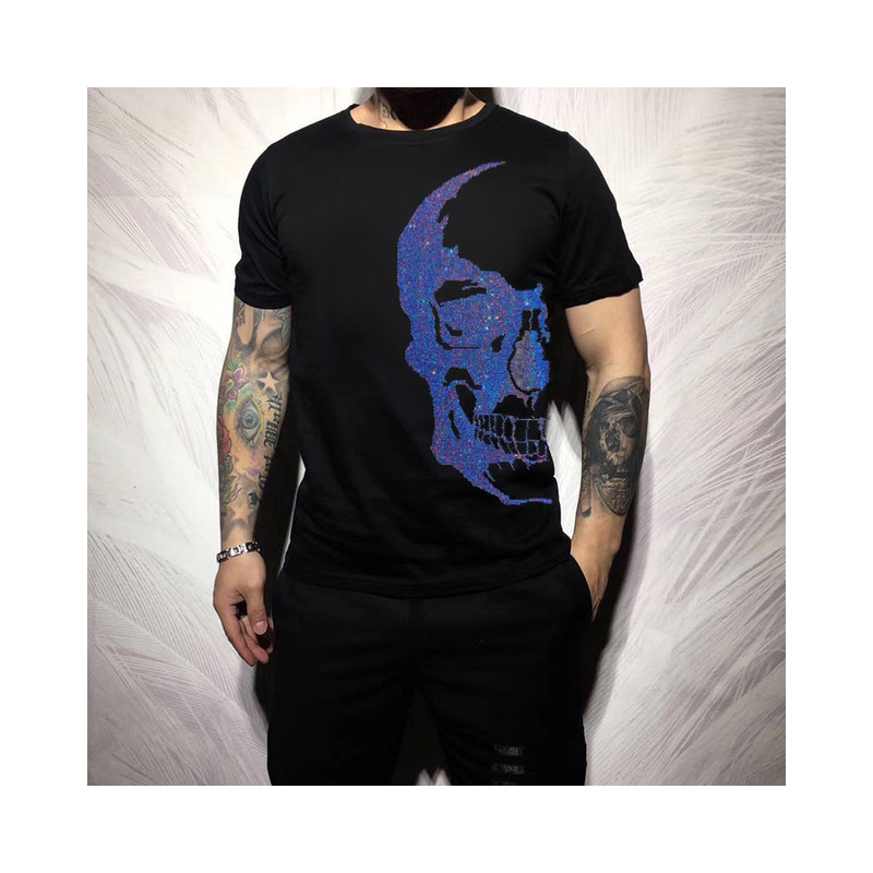 T-shirt Tête de Mort Crâne Strass Fashion pour Homme Couleur Bleu