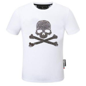T-Shirt Tête de Mort Pirates Jolly Roger avec Strass pour Homme Couleur Blanc