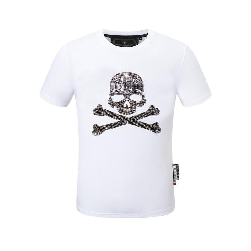 T-Shirt Tête de Mort Pirates Jolly Roger avec Strass pour Homme Couleur Blanc