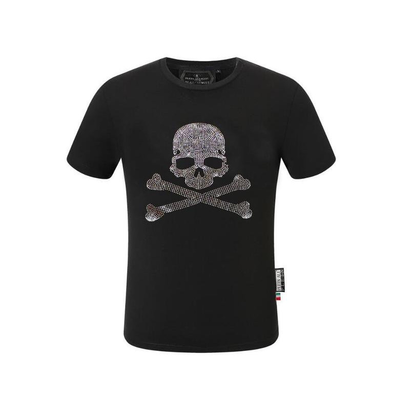 T-Shirt Tête de Mort Pirates Jolly Roger avec Strass pour Homme Couleur Noir