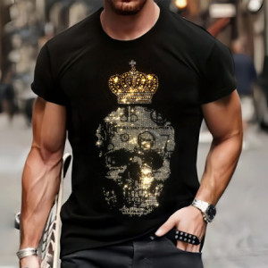 T-Shirt Fashion Tête de Mort Couronnée en Strass Pour Homme Couleur Noir