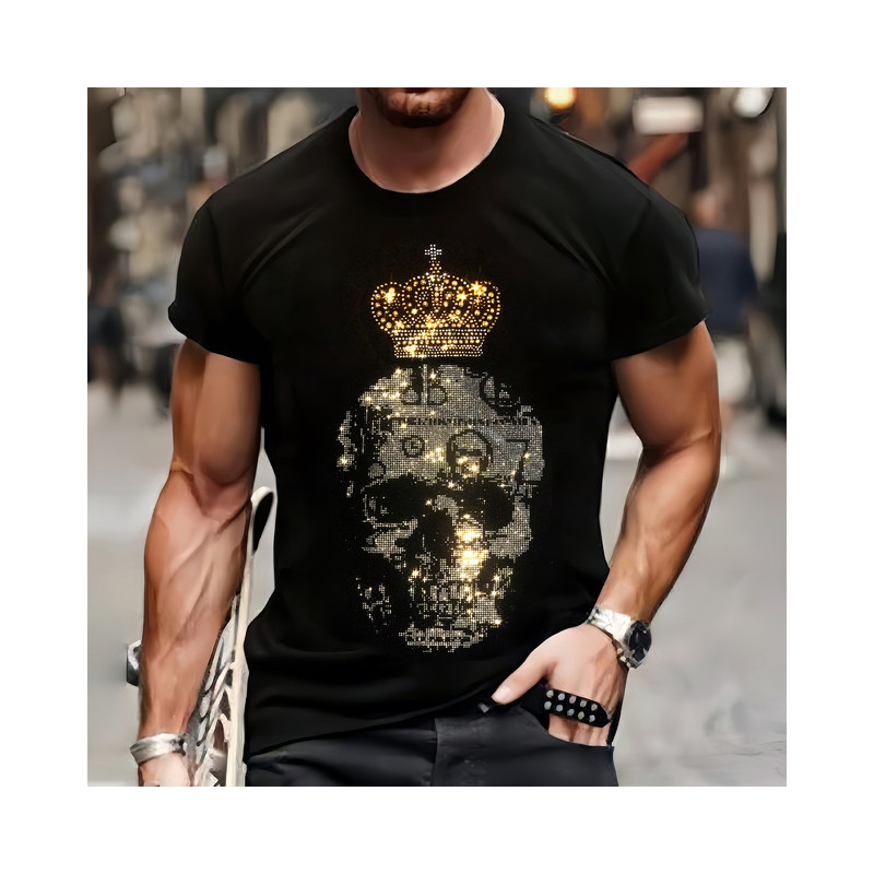 T-Shirt Fashion Tête de Mort Couronnée en Strass Pour Homme Couleur Noir