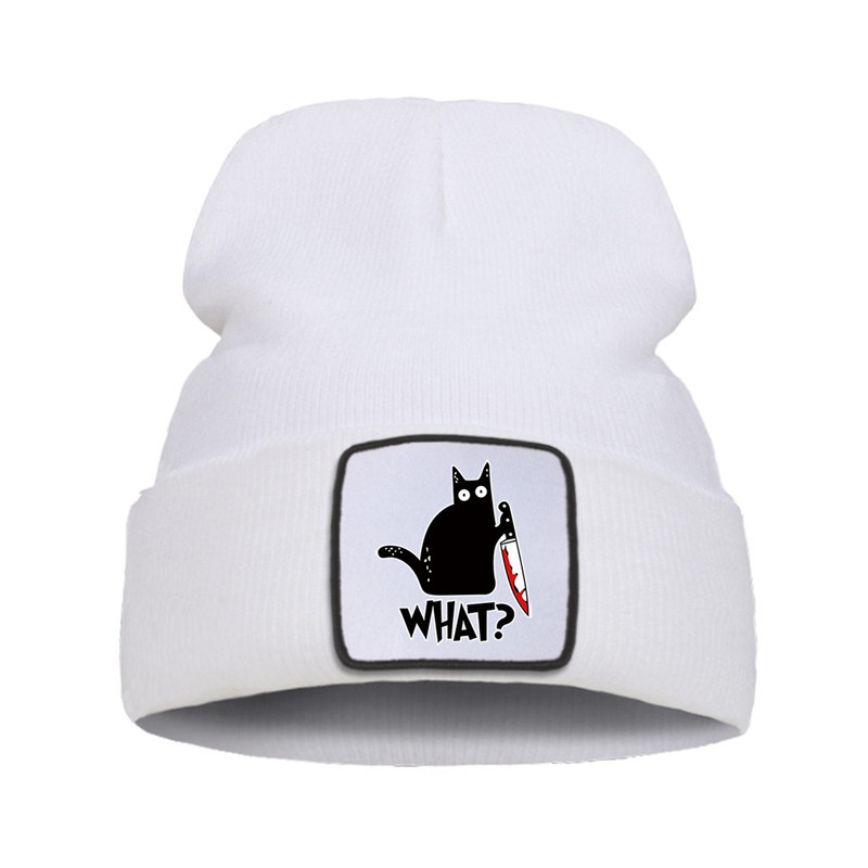 Bonnet Gothique Humour Noir Petit Chat Noir et Couteau Couleur Blanc