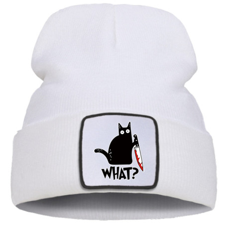 Bonnet Gothique Humour Noir Petit Chat Noir et Couteau Couleur Blanc