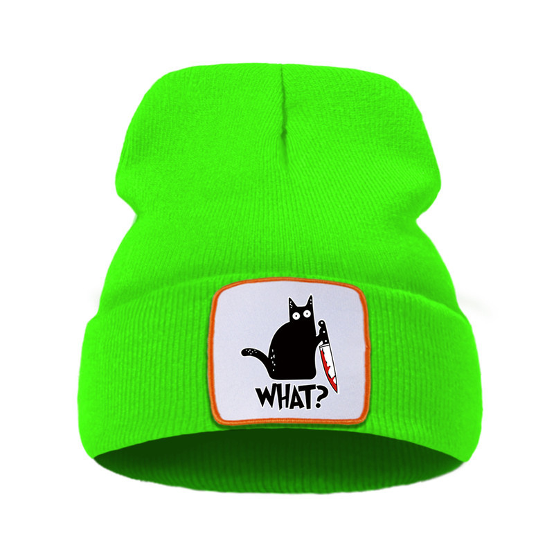 Bonnet Gothique Humour Noir Petit Chat Noir et Couteau Couleur Vert