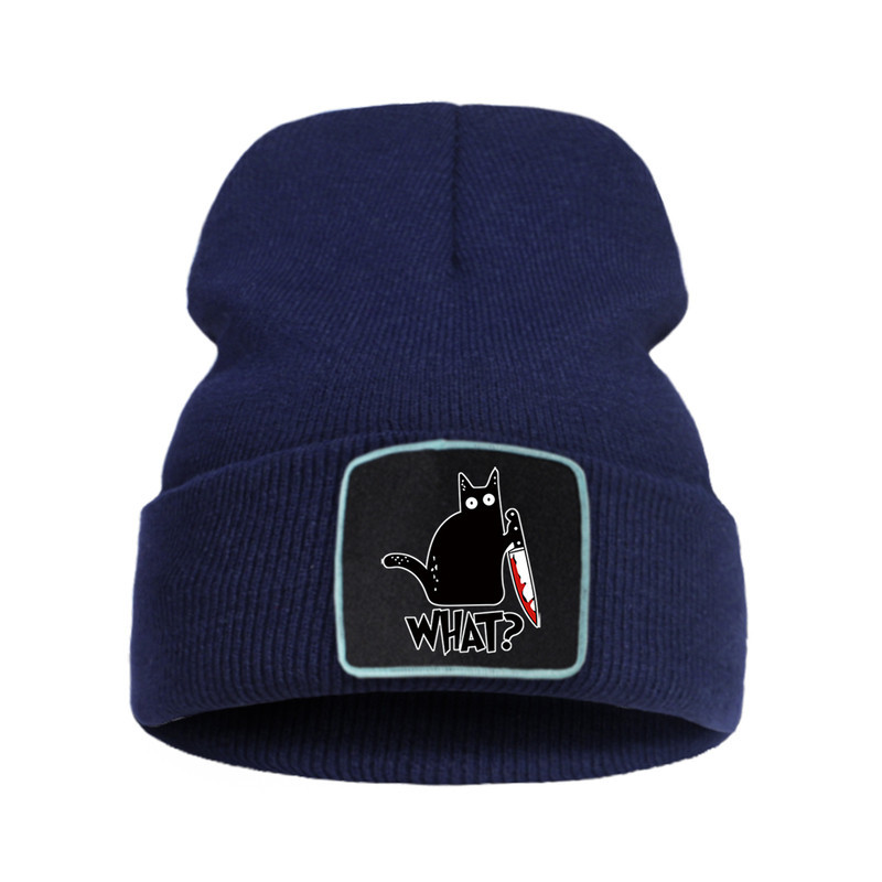 Bonnet Gothique Humour Noir Petit Chat Noir et Couteau Couleur Bleu