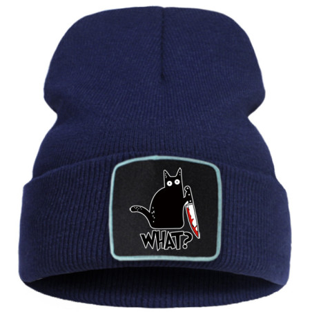 Bonnet Gothique Humour Noir Petit Chat Noir et Couteau Couleur Bleu