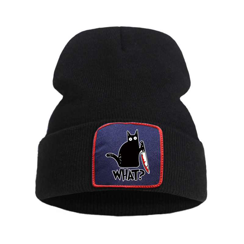 Bonnet Gothique Humour Noir Petit Chat Noir et Couteau Couleur Noir