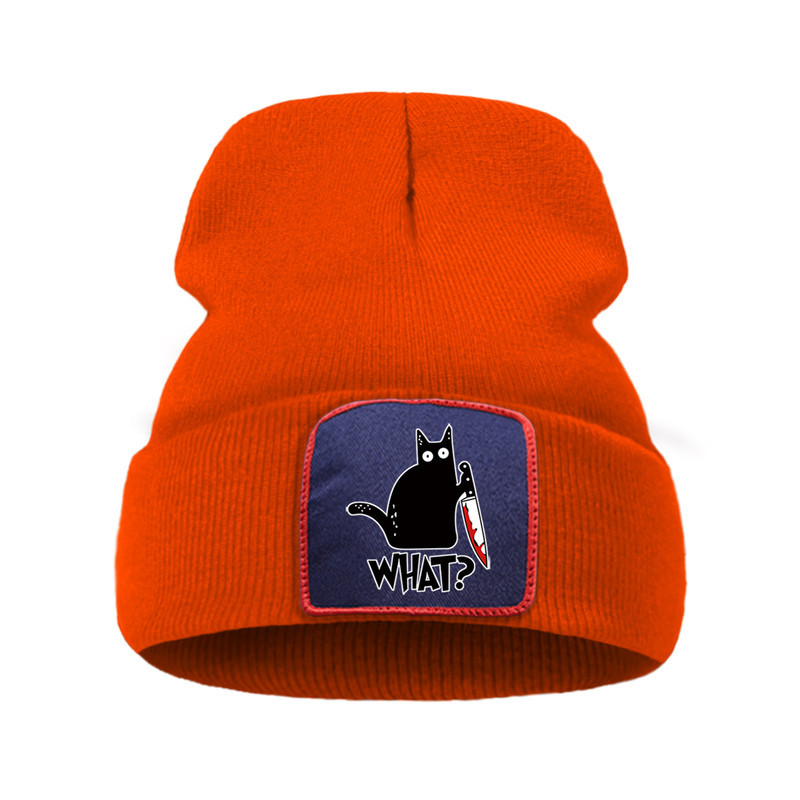 Bonnet Gothique Humour Noir Petit Chat Noir et Couteau Couleur Orange