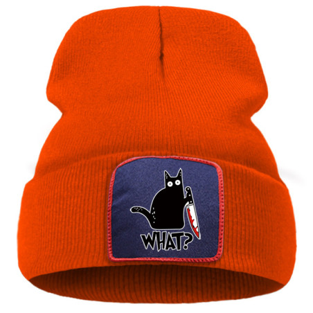 Bonnet Gothique Humour Noir Petit Chat Noir et Couteau Couleur Orange