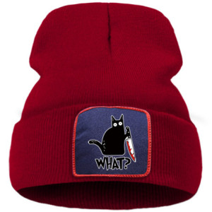 Bonnet Gothique Humour Noir Petit Chat Noir et Couteau Couleur Rouge