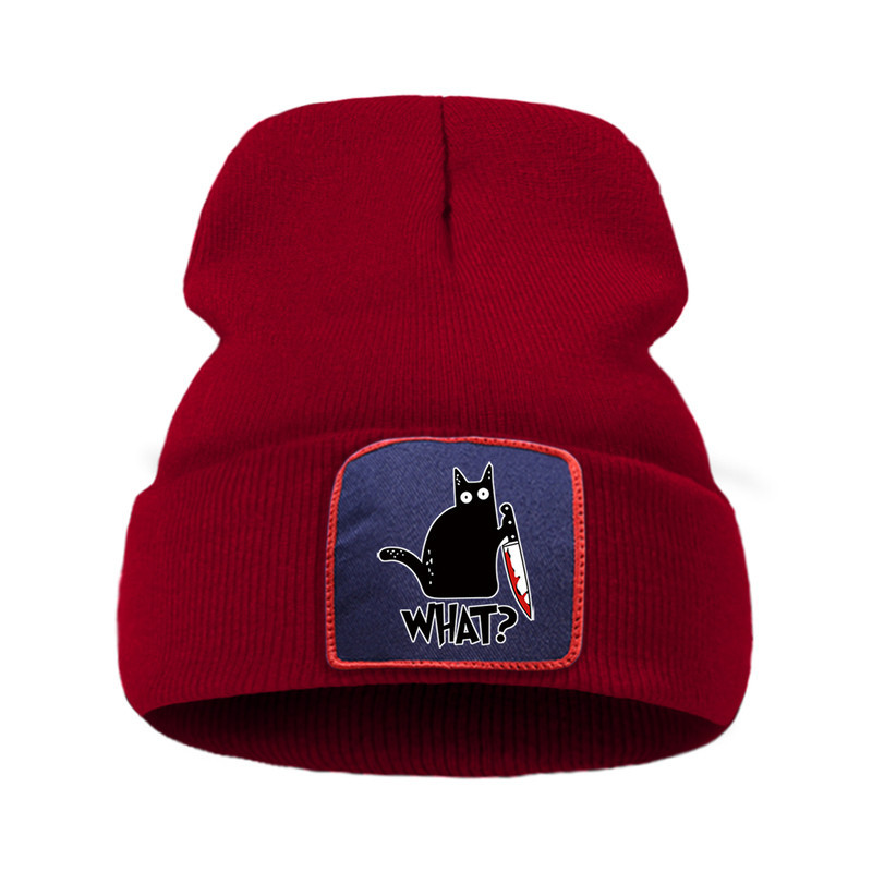 Bonnet Gothique Humour Noir Petit Chat Noir et Couteau Couleur Rouge