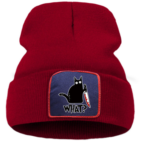 Bonnet Gothique Humour Noir Petit Chat Noir et Couteau Couleur Rouge