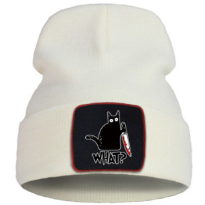Bonnet Gothique Humour Noir Petit Chat Noir et Couteau Couleur Beige