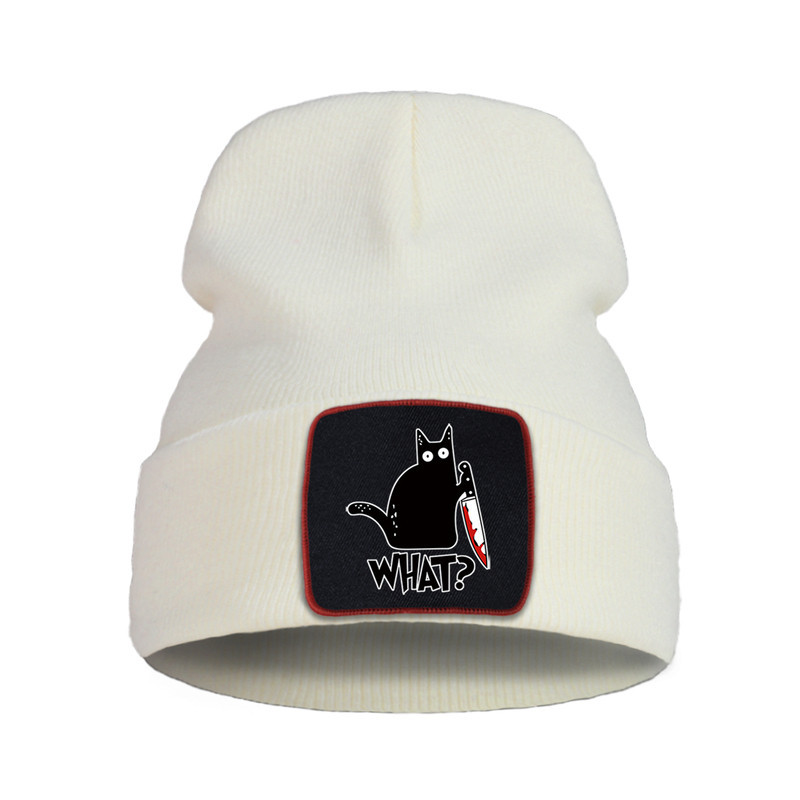 Bonnet Gothique Humour Noir Petit Chat Noir et Couteau Couleur Beige