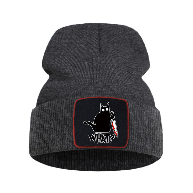 Bonnet Gothique Humour Noir Petit Chat Noir et Couteau Couleur Gris Foncé