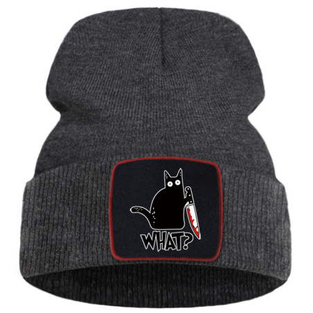 Bonnet Gothique Humour Noir Petit Chat Noir et Couteau Couleur Gris Foncé