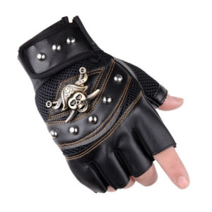 Paire de Gants Tête de Mort Pirates Jolly Rogers Doigts Ouverts Couleur Noir