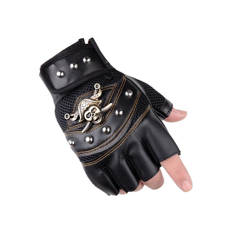 Paire de Gants Tête de Mort Pirates Jolly Rogers Doigts Ouverts Couleur Noir