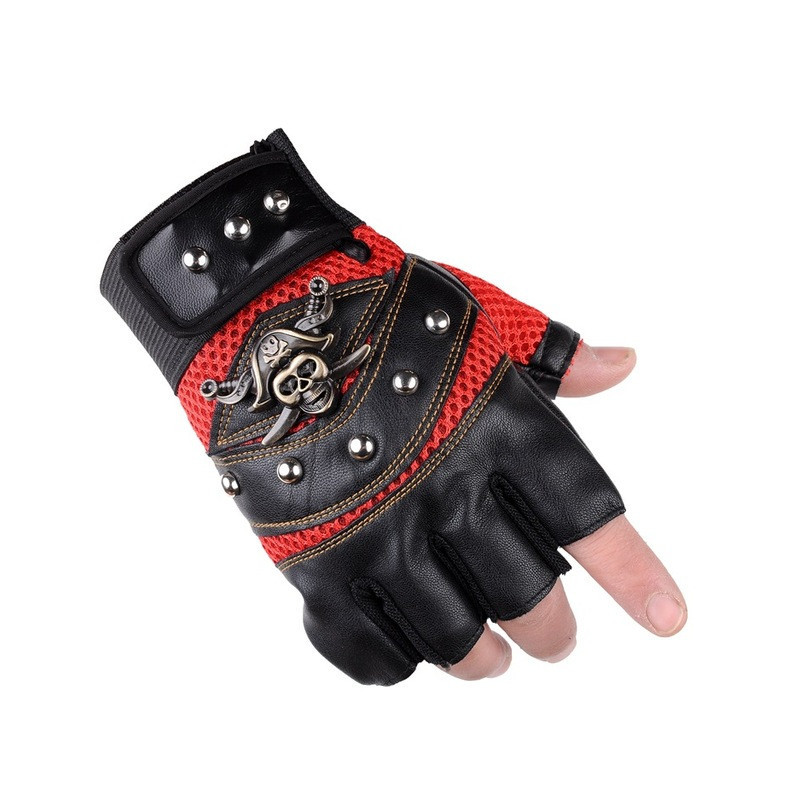 Paire de Gants Tête de Mort Pirates Jolly Rogers Doigts Ouverts Couleur Rouge