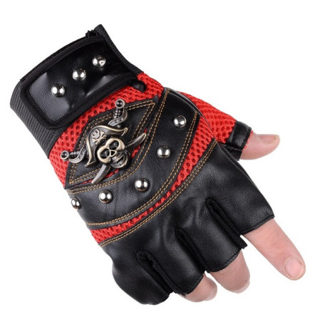 Paire de Gants Tête de Mort Pirates Jolly Rogers Doigts Ouverts Couleur Rouge
