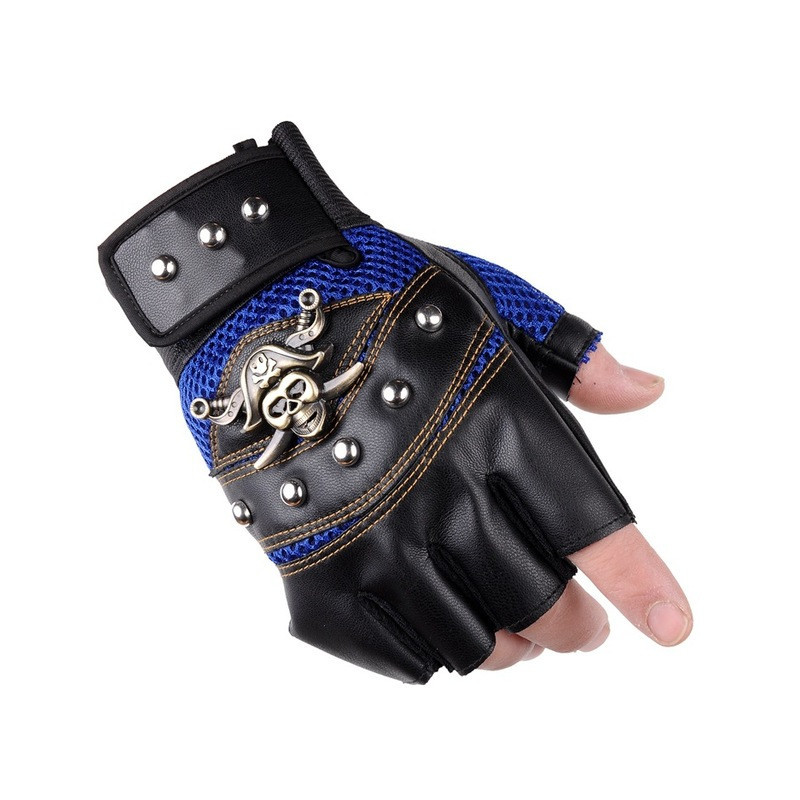 Paire de Gants Tête de Mort Pirates Jolly Rogers Doigts Ouverts Couleur Bleu