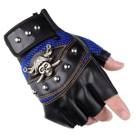 Paire de Gants Tête de Mort Pirates Jolly Rogers Doigts Ouverts Couleur Bleu