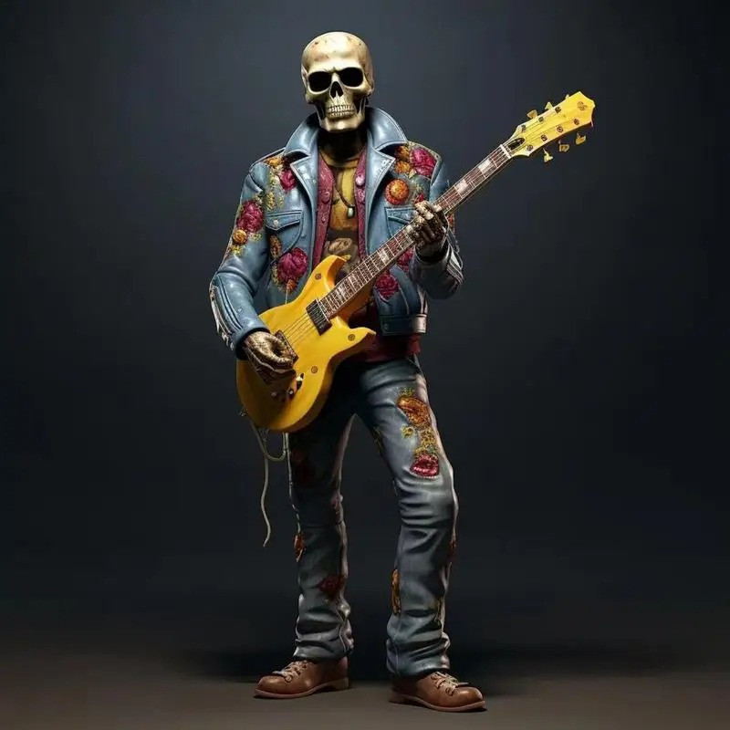 Figurine Tête de Mort Guitariste Groupe de Rock