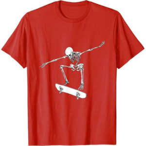 T-Shirt Tête de Mort Squelette Ollie Skateboard Couleur Rouge