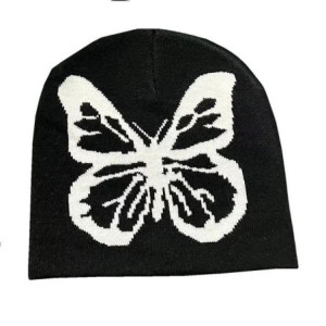 Bonnet Noir en Laine avec Papillon Blanc Gothique Couleur Noir