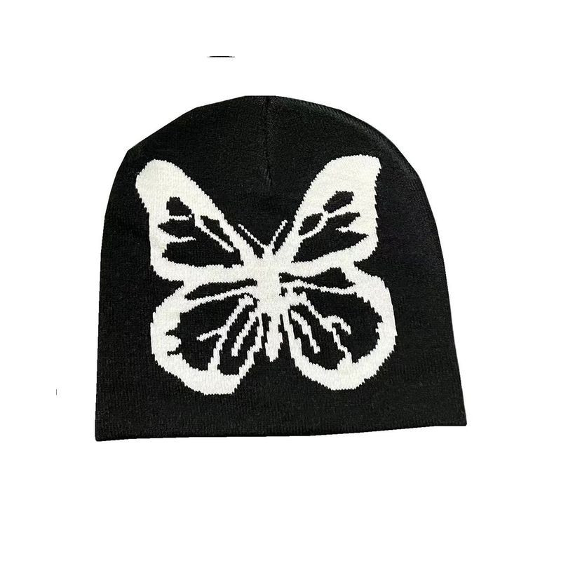 Bonnet Noir en Laine avec Papillon Blanc Gothique Couleur Noir