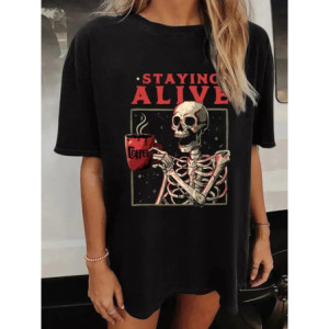 T-shirt Tête de Mort Squelette Café Staying Alive pour Femme