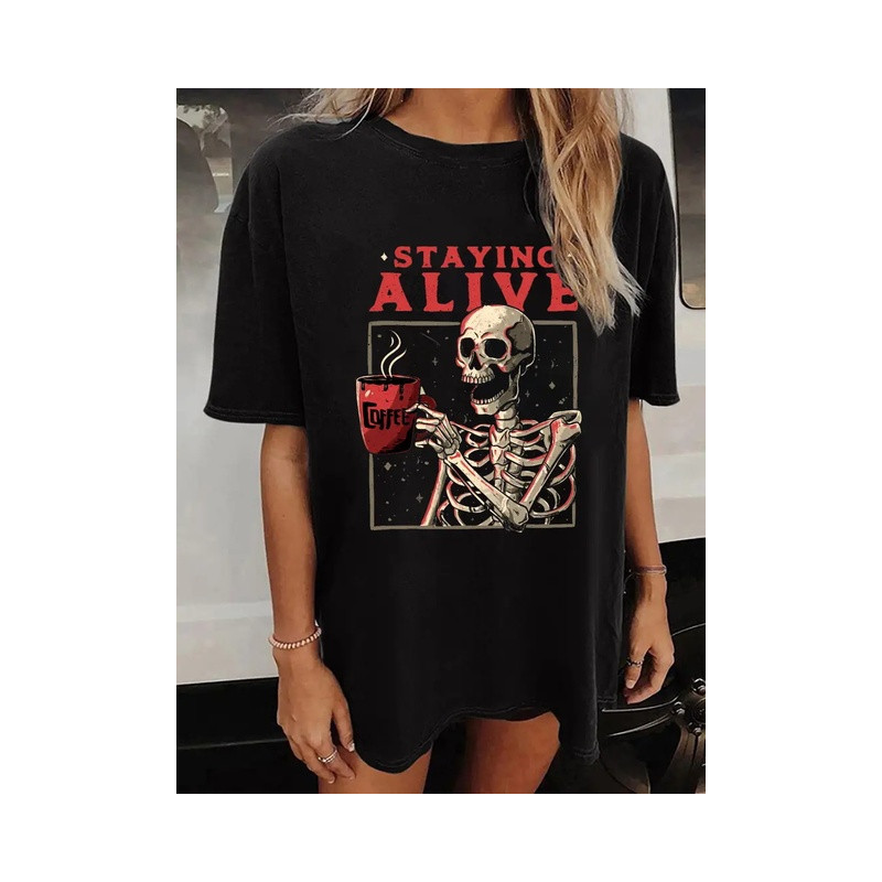 T-shirt Tête de Mort Squelette Café Staying Alive pour Femme Couleur Noir