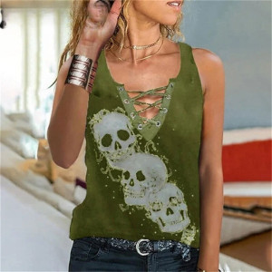 T-shirt col en V  Trio de Têtes de Mort à Lacets pour femme - Couleur Vert Kaki