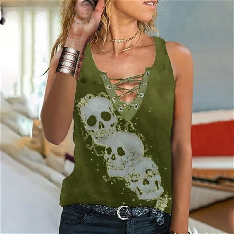 T-shirt col en V  Trio de Têtes de Mort à Lacets pour femme - Couleur Vert Kaki