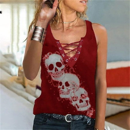 T-shirt col en V  Trio de Têtes de Mort à Lacets pour femme - Couleur Rouge