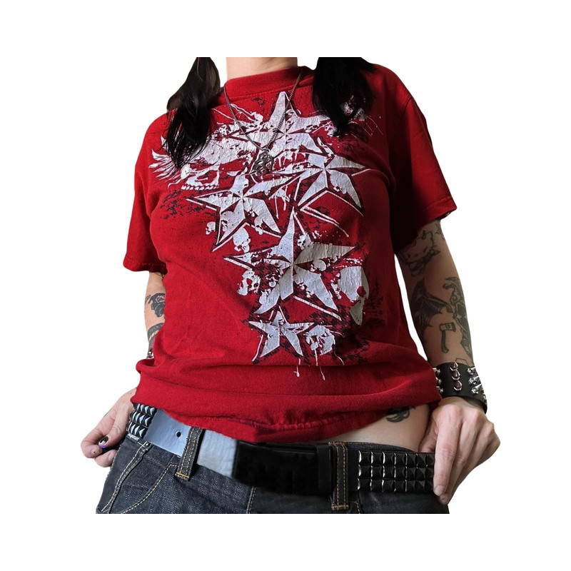 T-shirt Tête de Mort Rock  - Skulls And Stars - Couleur Rouge