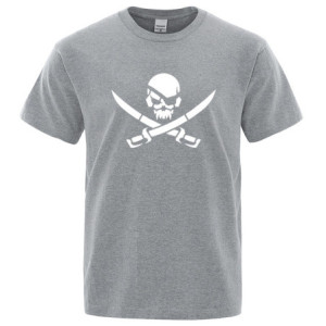 T-Shirt Tête de Mort Crâne de Pirate et Sabres Couleur Gris