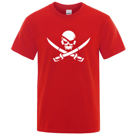 T-Shirt Tête de Mort Crâne de Pirate et Sabres Couleur Rouge