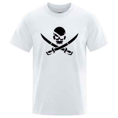 T-Shirt Tête de Mort Crâne de Pirate et Sabres Couleur Blanc