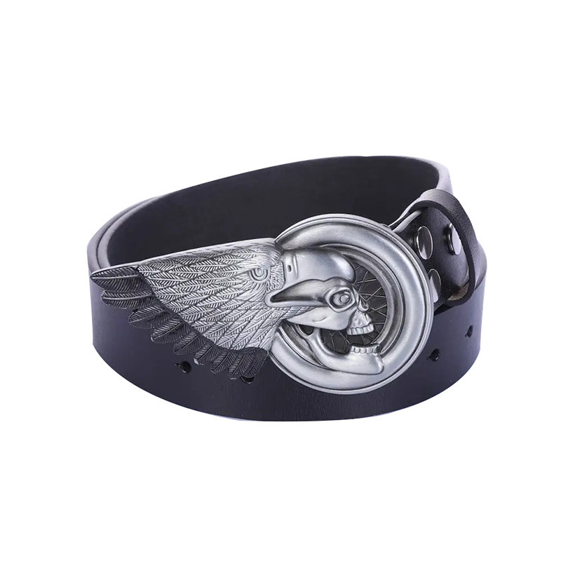 Ceinture Tête de Mort Biker Gros Crâne ailé et Roue Moto - Couleur noir