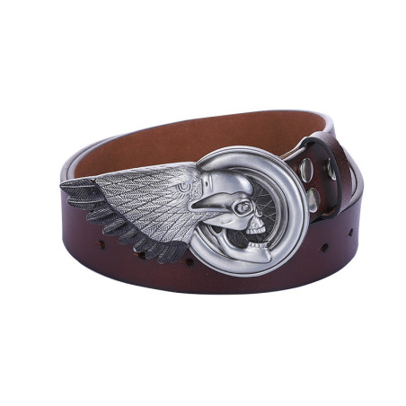 Ceinture Tête de Mort Biker Gros Crâne ailé et Roue Moto - Couleur Marron
