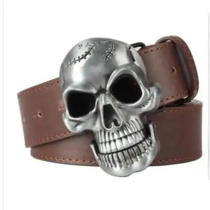 Ceinture Tête de Mort Gros Crâne Fendu - Couleur marron