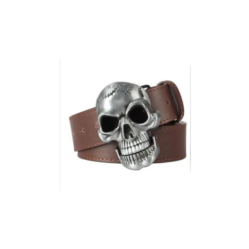 Ceinture Tête de Mort Gros Crâne Fendu - Couleur marron