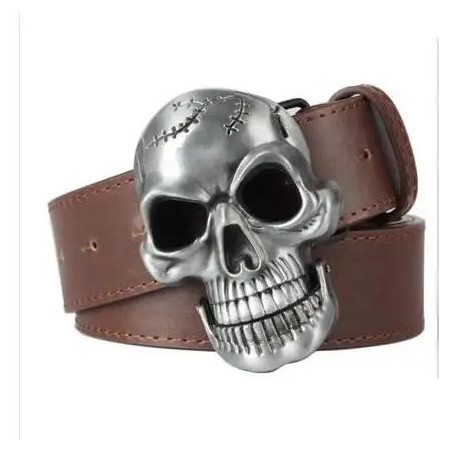 Ceinture Tête de Mort Gros Crâne Fendu - Couleur marron