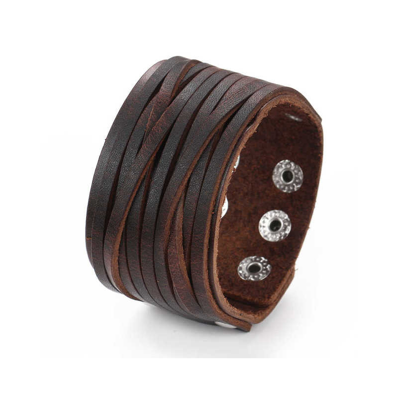 Bracelet Manchette en Cuir Véritable Couleur Marron