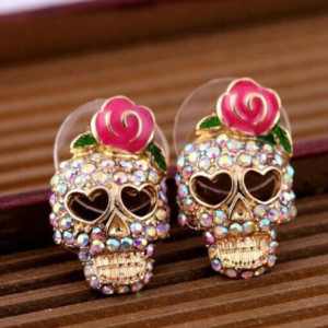 Boucles d'oreilles tête de mort Skull Rose et Strass