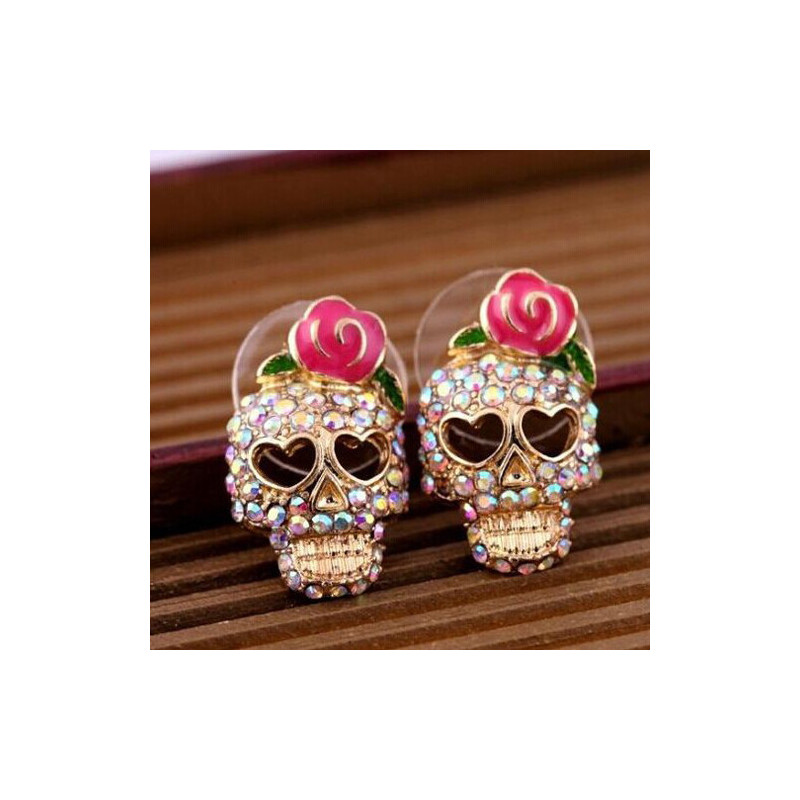 Boucles d'oreilles tête de mort Skull Rose et Strass