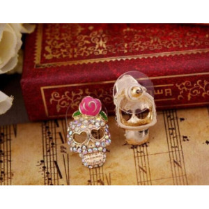 Vue arrière Boucles d'oreilles tête de mort Skull Rose et Strass